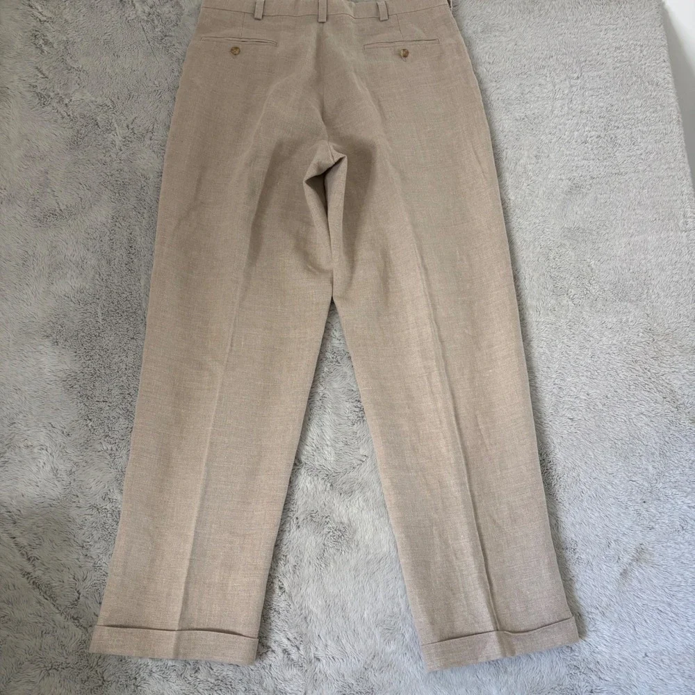 Eddie Bauer Men 100% Belgian Linen Pleated Cuffed Dress Pants 35X32 Tan Beige